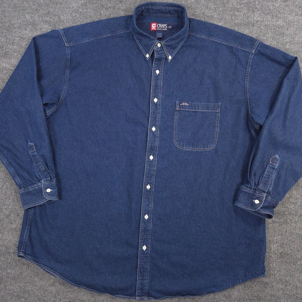 Vintage Chaps Ralph Lauren Denim Shirt Mens 3XLT Blue Front Pocket Medium Wash